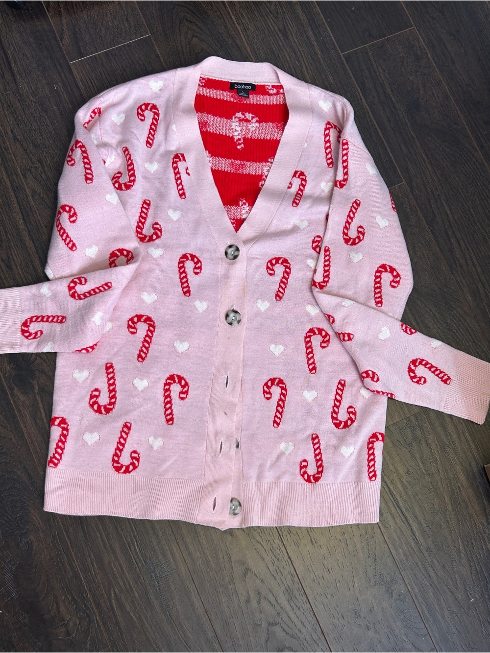 Boohoo Pink and Red Candy Cane Knit Cardigan
